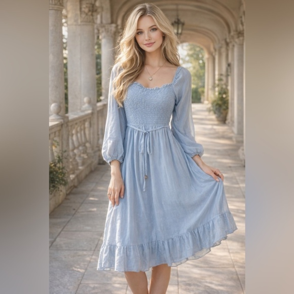 Anna Kaci Blue Shirred Bishop Sleeve Cottagecore Milkmaid MIDI Dress M - Picture 3 of 15